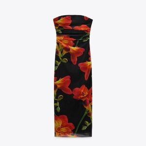 Zara Floral Strapless Dress - Black and Orange/Red